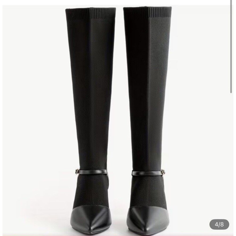 Kitten Heel Knee High Boots for Women Stretchy Knit Sock Booties Knee Sz 6 Black - Picture 3 of 16